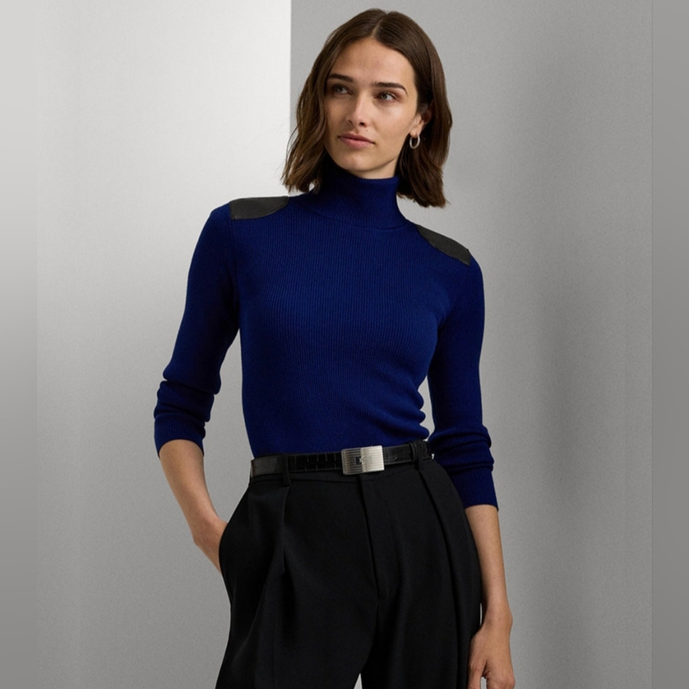 RALPH LAUREN WOMEN'S NAVY FAUX LEATHER RIBBED TURTLENECK SWEATER SIZE LARGE
